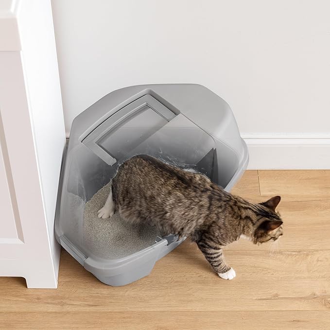 IRIS USA Corner Cat Litter Box - Enclosed Corner Litter Box with Scoop, Hooded Litter Tray for Corners, Space-Saving Covered Litter Box, Odor Defensive, Gray