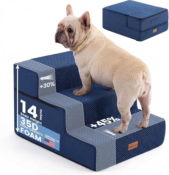 Gardner Pet Dog Stairs for Small Dogs 14" H, 3-Step Extra Wide Dog Steps for Bed, Pet Stairs for Bed and Couch with Durable Non-Slip Waterproof Fabric Cover and Soft Foam, Navy