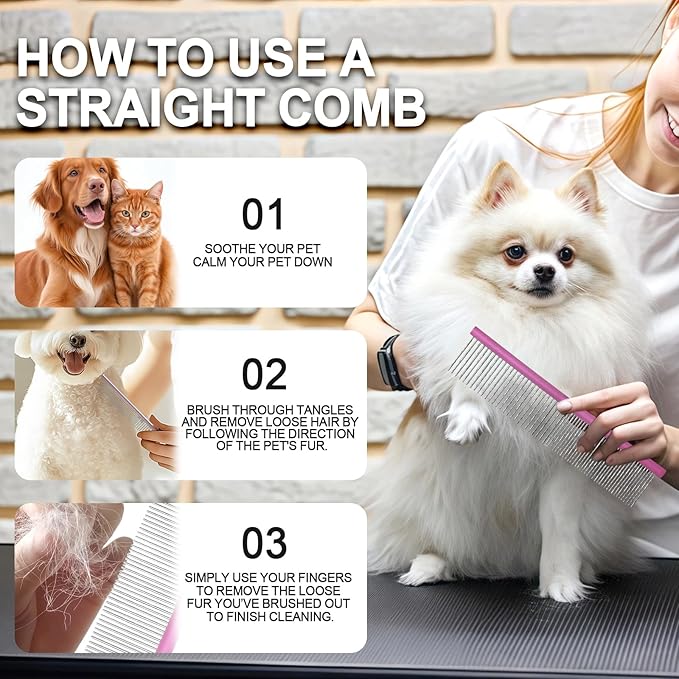 Large Purple Pet 2-in-1 Metal Comb Fine&Wide Teeth Comb Dematting Grooming Tool Pet Flea Comb for Dogs and Cats Remove Loose Hair Mats Knots Tangles Dirt Fleas