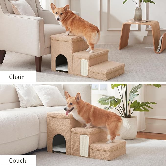 Dog Stairs with Storage and Condo,Cat Scratcher, 3-Step Sturdy Dog Steps for Small Medium or Large Older Dogs Cats, Folding Pet Stairs Climbing Sofas, high beds, Windows and Cars (Beige,16.7'' H)