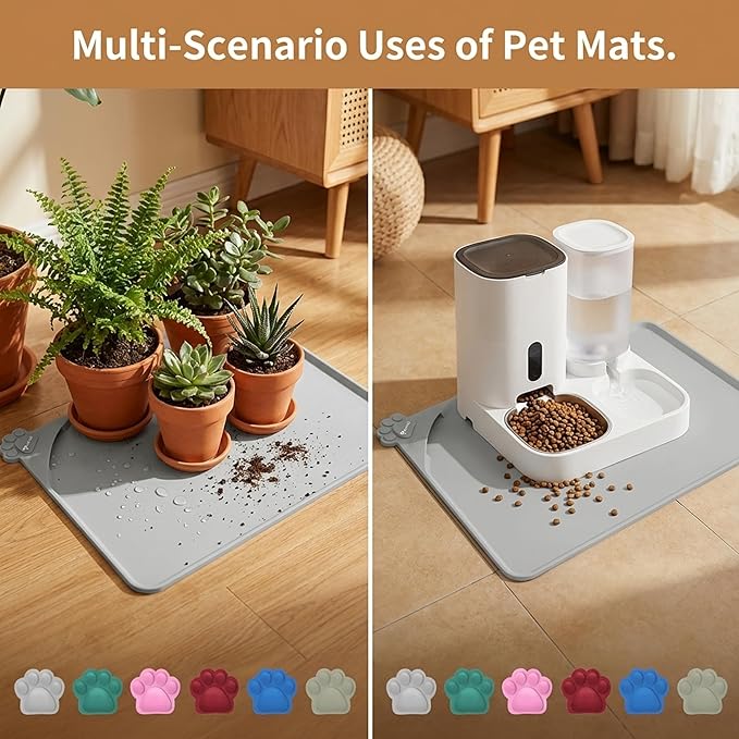 Silicone Pet Food Mat Dog Cat Waterproof Spill Proof Mess Control Easy Clean Floor Protector 18.8L x 11.8W Inch Gray