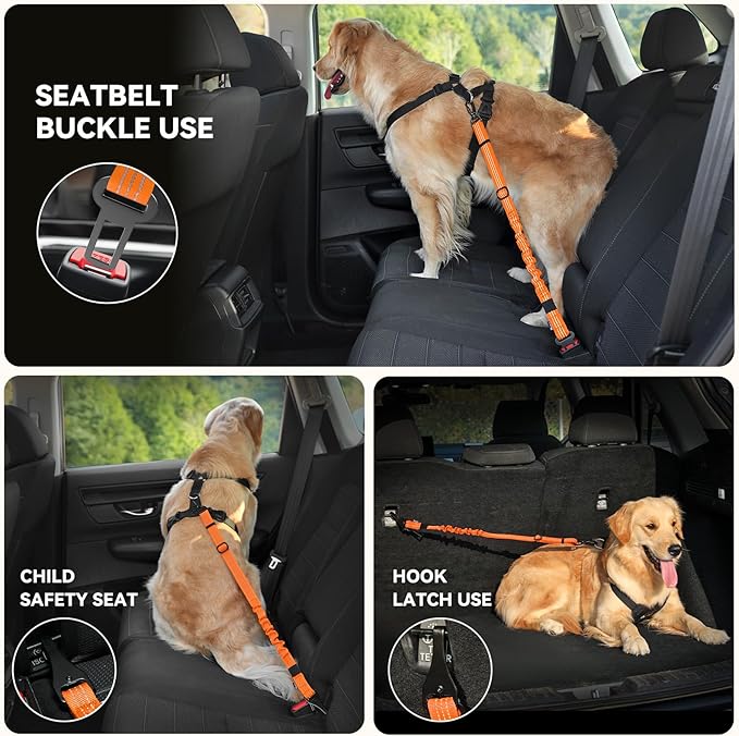 Pawaboo 2Pack Dog Seatbelt for Car, 3-in-1 Dog Car Seat Belt, Shockproof Dogs Tether with Buckle & Hook Latch, Adjustable Reflective Dogs Cars Harness Leash with 360° Lockable Buckle, Orange/Black