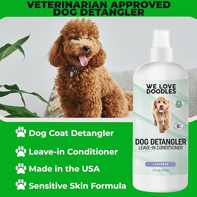 We Love Doodles Dog Comb (2 Packs) & Lavender Detangler Spray 16oz – Pet Grooming Essentials, Stainless Steel Rounded-End Dematting Metal Comb for Dogs, Dog Leave-In Conditioner Spray for Detangling