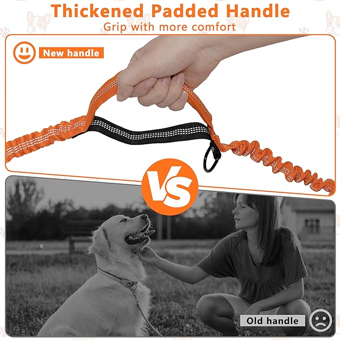 Hands Free Dog Leash with Zipper Pouch, Running Waist Leash for Dog Walking, Adjustable Waist Belt for Large Dogs, Reflective Bungee Design with Two Handle for Hiking, Training, Orange