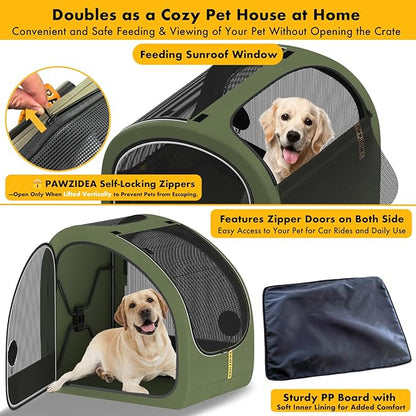 PAWZIDEA Portable Dog Crate for Car Travel, Collapsible Pet Travel Crates for Medium & Large Dogs Up to 80lbs, Enclosed Soft-Sided Car Kennel Carrier for Backseat, Secures w/Seatbelt & Headrest Strap