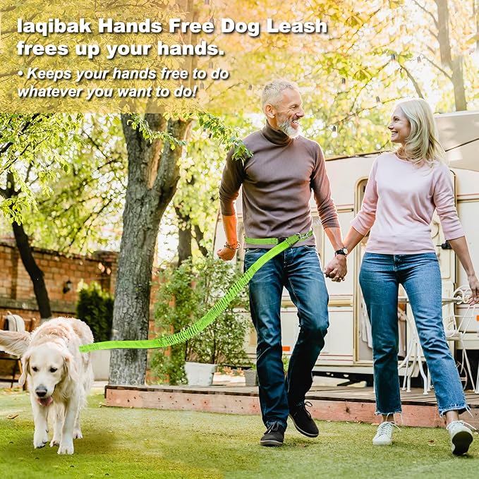 Hands Free Dog Leash, Adjustable Waist Leash for Dog Walking, Dual Bungee Dog 4.2-6.7 Feet Long with Reflective Stitches for Walking Hiking Running, Fits 26"- 43" Inch Waist, Green