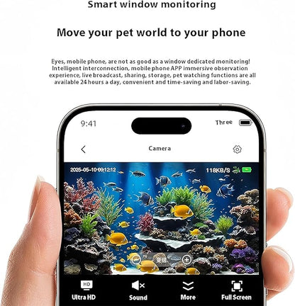 Aquarium Camera,2K HD Terrarium WiFi Pet Camera,140° Wide-Angle,Anti-Glare & Anti-Reflection,Night Vision,Two-Way Audio,AI-Powered Detection,24/7 Recording for Fish Reptiles Window Security Monitoring
