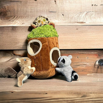 Glow Pups Hide and Seek Dog Toys, Interactive Plush Animal in Tree Trunk Burrow Toy with Squeaker, Puppy Toys for Small Dogs, Woodland Colors (Small Tree with 3 Animals)