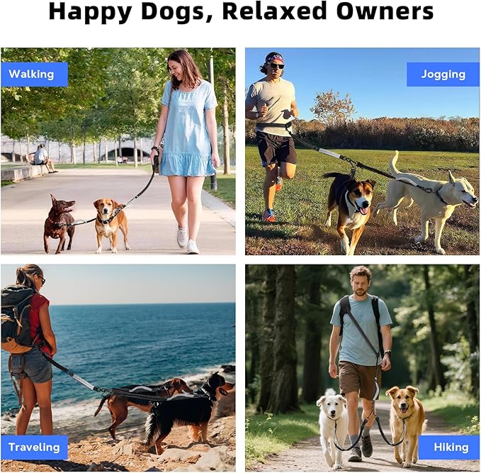 Hands Free Dog Leash, Waist Leash for 2 Dogs, Adjustable Double Hands Free Lead with Detachable Waist Belt, Padded Handles, Shock Absorbing Bungee for Walking Jogging Hiking, Black+Gray