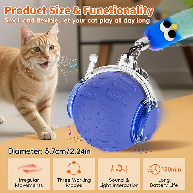 UPSKY Interactive Cat Toy Ball - Automatic Interactive Cat Toys for Indoor Cats, 3-Speed Modes Smart Kitten Toys with Sounds, Rechargeable Cat Ball for Bored Indoor Adult Cats (Blue)