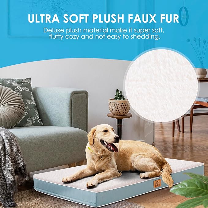 Orthopedic Dog Bed for Large Dogs and Extra Large Dogs, XL Waterproof Dog Bed with Removable Washable Cover & Anti-Slip Bottom, Crate Bed, Deluxe Plush Pet Bed Mat, L-Plus(36"X27"X3"), Blue
