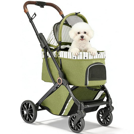 Pet Stroller for Small Dogs & Cats – Easy One-Hand Fold, Supports Up to 35 lbs – Green