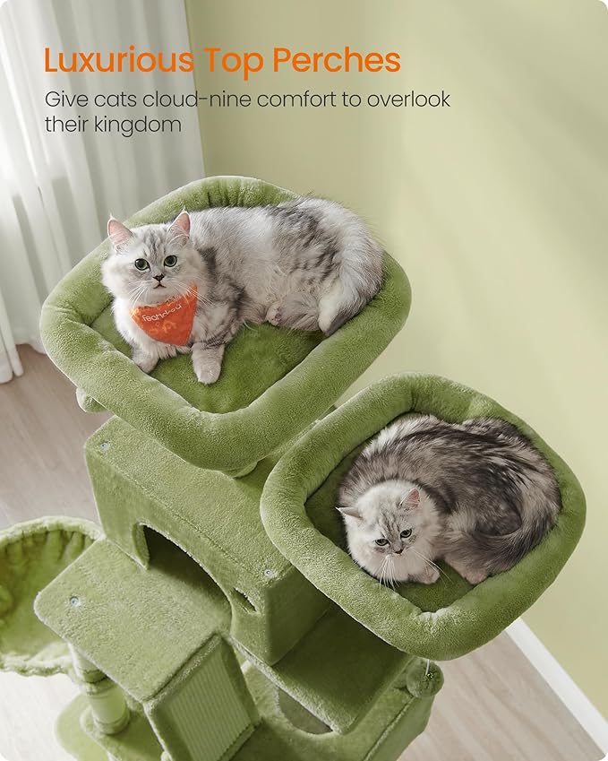 Feandrea Cat Tree, 81.1-Inch Large Cat Tower, Multi-Level Plush Condo with 13 Scratching Posts, 2 Perches, 2 Caves, Basket, Hammock, Pompoms, Green UPCT190C01