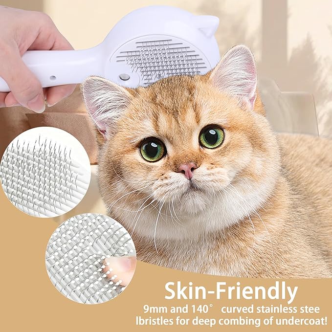 Pet Steam Brush for Cats & Dogs ，3-in-1 Pet Grooming Comb，Reduces Shedding, Soft Bristles, Promotes Healthy Coat-Comes - Includes Waterless Shampoo，White