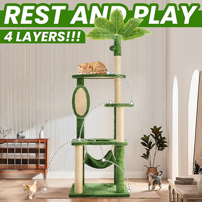 55 Inch Large Cat Tree Tower for Indoor Cats with Hammock Green Leaves Sisal Scratching Post, Plush Hang Ball Play Furniture for Kittens & Adult Cats, Green