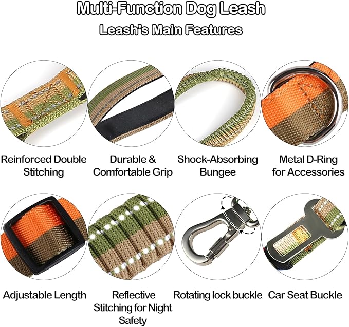 EVERKING 6-in-1 Hands-Free Dog Leash, Adjustable Elastic Reflective Nylon, Dual-Handle Shock Absorbing, 6 Feet, for Small to Large Dogs 30-150lbs (Golden Olive)