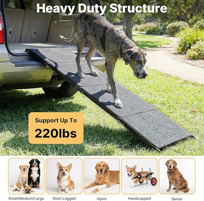 Veehoo Dog Ramp for Car Truck SUV 71" Long 20" Extra Wide, Foldable Dog Ramp with Non Slip Rug Surface for Large Dogs, Portable Folding Outdoor Pet Stairs for Dogs to Get in Car, Support up to 220lbs