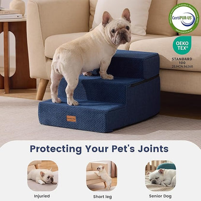 Gardner Pet Dog Stairs for Small Dogs 14" H, 3-Step Extra Wide Dog Steps for Bed, Pet Stairs for Bed and Couch with Durable Non-Slip Waterproof Fabric Cover and Soft Foam, Navy