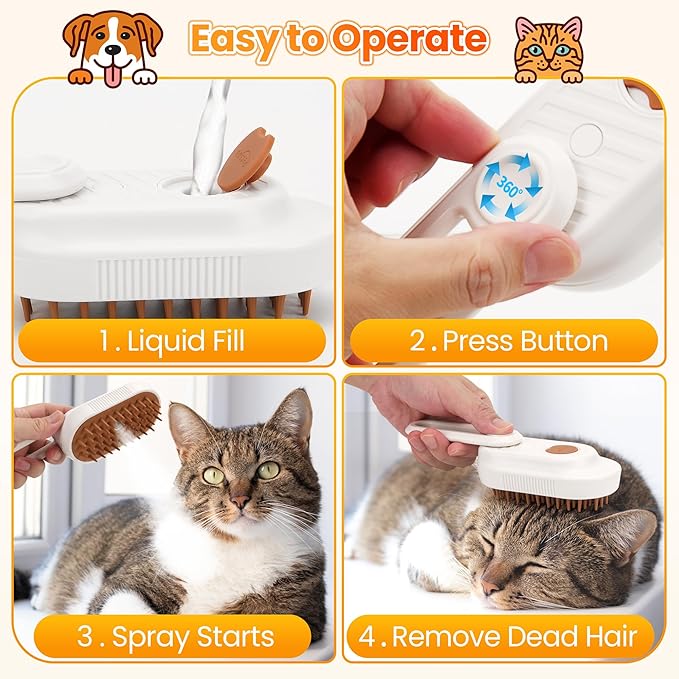 Vrurc 4-in-1 Rechargeable Steam Pet Brush - Gentle Fur Removal for Cats & Dogs, Anti-Static & Deshedding, Ideal for Short & Long Hair, Easy to Use