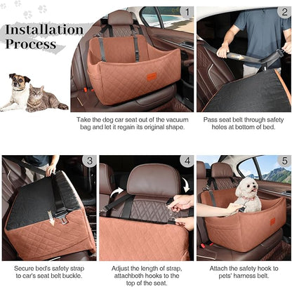 Wooaidagg Dog Car Seat for Medium & Large Dogs Up to 55lbs, Memory Foam Cushion, Washable Cover, Safety Straps & Non-Slip Base (Brown, Large)