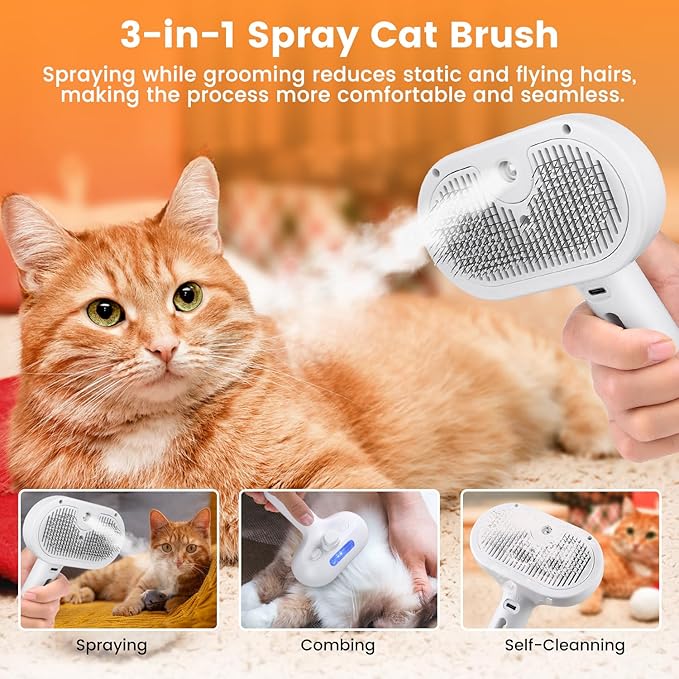 Pet Steam Brush for Indoor Cats & Dogs, Self Cleaning Cat Brush for Shedding & Grooming Supplies, Anti-Static & Anti-Flying Hair Water Mist Spray Hair Removal Comb for Long & Short Haired Animals