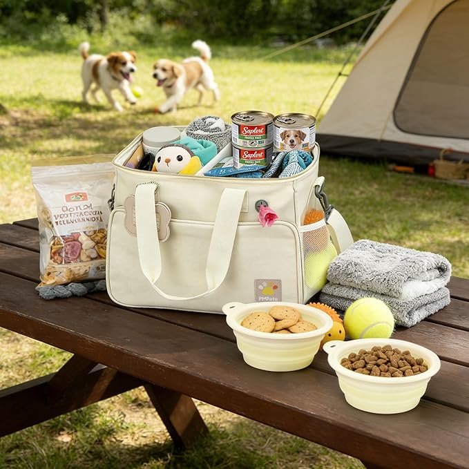 Pet Travel Bag, Large Beige Dog Carrier with Multiple Compartments and Adjustable Straps, Dog Suitcase for Weekend Camping, Pet Diaper Bag for Travelling(Beige)