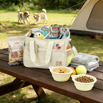 Pet Travel Bag, Large Beige Dog Carrier with Multiple Compartments and Adjustable Straps, Dog Suitcase for Weekend Camping, Pet Diaper Bag for Travelling(Beige)