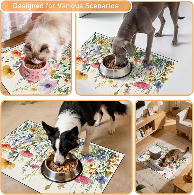 Dog Cat Food Mat - Absorbent Anti Slip Dog Bowl Mats for Food and Water, Quick Dry Cat Feeding Matts for Floors, Diatomite Pet Dish Placemat Accessories Supplies, Wildflower Style, 16 * 24in
