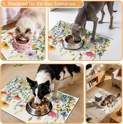 Dog Cat Food Mat - Absorbent Anti Slip Dog Bowl Mats for Food and Water, Quick Dry Cat Feeding Matts for Floors, Diatomite Pet Dish Placemat Accessories Supplies, Wildflower Style, 16 * 24in