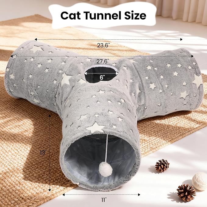 Tempcore 3-Way Collapsible Cat Tunnel Toy with Self-Luminous Tube & Peek Hole Ball - Photoluminescence Play Tunnel for Indoor Cats, Kittens, Kitty, Puppy, Rabbit - Boredom Relief Pet Toy