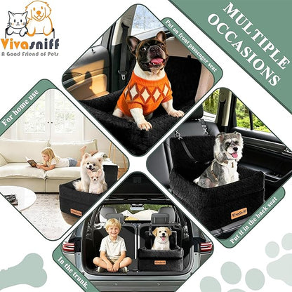 Dog Booster Car Seat for Small/Medium Dogs, VIVASNIFF 6 Inches Memory Foam Elevated Dog Pet Car Bed up to 45 lbs with 2 Safety Belts, Leakproof, Detachable and Washable (Black).