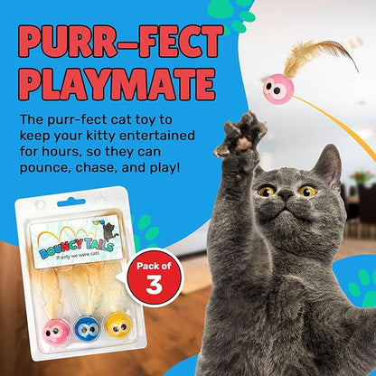 Bouncy Tails 3-Pack Cat Ball Toy with Natural Feathers, Interactive Cat Toys for Bored Indoor Adult Cats, Feather Cat Toy for Indoor Cats and Playful Kittens