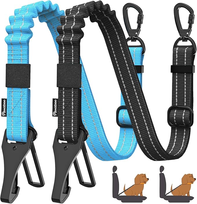 Pawaboo 2Pack 3-in-1 Dog Seatbelt for Car, Shockproof Bungee Dog Tether with 360° Lockable Buckle & Hook Latch, Adjustable Reflective Pet Safety Harness Leash for Vehicle, Black+Blue