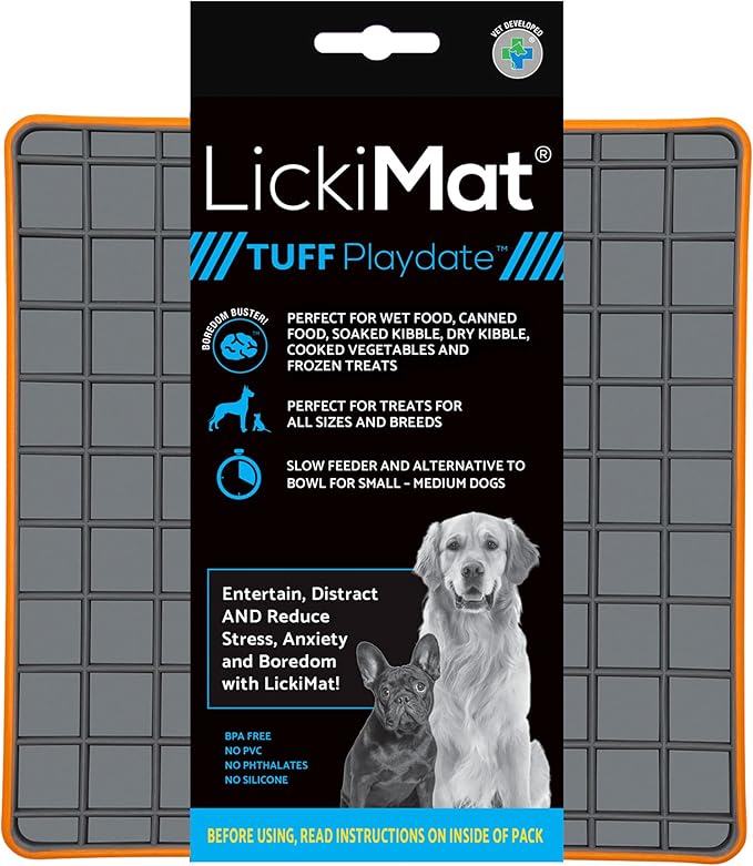 LickiMat Tuff, Heavy-Duty Playdate, Dog Slow Feeder Lick Mat, Boredom Anxiety Reducer; Perfect for Food, Treats, Yogurt, or Peanut Butter, Fun Alternative to a Slow Feed Dog Bowl, Orange
