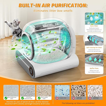 Self Cleaning Cat Litter Box, 65L+ 9 L Extra Large Robot Automatic Litter Box for Multiple Cats, APP Control, Deodorization with 1 Odor Eliminator, 3 Rolls Litters Bags