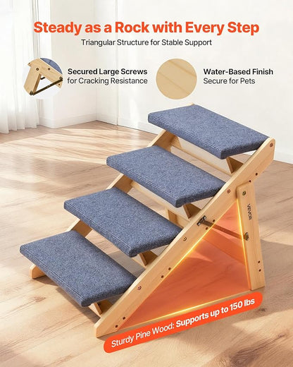 VEVOR Wood Pet Stairs, 4-Step Dog Stairs for Beds, Sofa & Cars, 150lbs Load Capacity, Floded Flat Design, Stable & Sturdy Cat & Dog Step Ladder for Small Medium Large Older Pet Puppy Essentials
