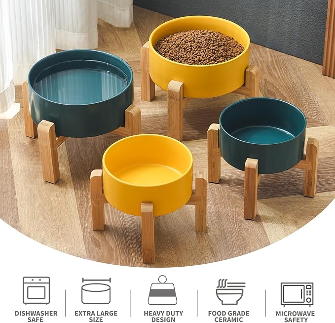 6'' Ceramic Raised Dog Bowl - 30Oz Dog Food & Water Bowl with Elevated Non-Slip Bamboo Stand, Dishwasher & Microwave Safe, Anti Vomiting Heavy Duty Pet Bowl for Small and Medium Dogs, Green