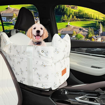 Cullaby Center Console Small Dog Car Seat Portable Puppy Booster Armrest Carseat, Anti-Collapse Comfort Car Travel with Washable Fluffy Cushion and Pillow (Off White, Extar Small armrest lid)