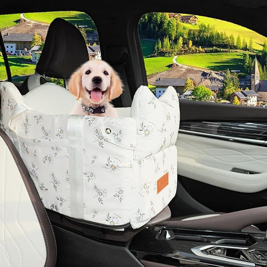 Cullaby Center Console Small Dog Car Seat Portable Puppy Booster Armrest Carseat, Anti-Collapse Comfort Car Travel with Washable Fluffy Cushion and Pillow (Off White, Extar Small armrest lid)