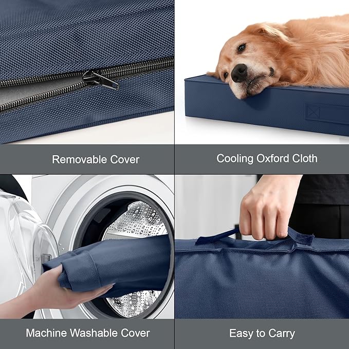 Large Outdoor All Weather Dog Bed, Waterproof Dog Bed for Large Dogs, Orthopedic Egg Crate Foam Pet Bed with Washable Removable Oxford Cooling Cover, 36x27 Inch, Navy