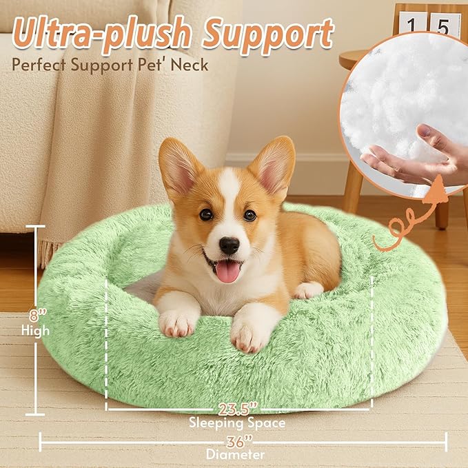 JOLLYVOGUE Calming Dog Beds Large Sized Dog, 36in Donut Washable Large Pet Bed, Anti-Slip & Anti-Anxiety Fluffy Faux Fur Round Dogs Bed, Fits up to 80 lbs Pets (Light Green)