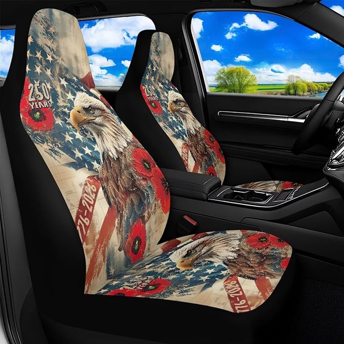 250th Anniversary Car Seat Covers 2 Pcs Waterproof Front Seat Covers Vintage Eagle Flag Bucket Seat Cover Car Interior Accessories for Women Men