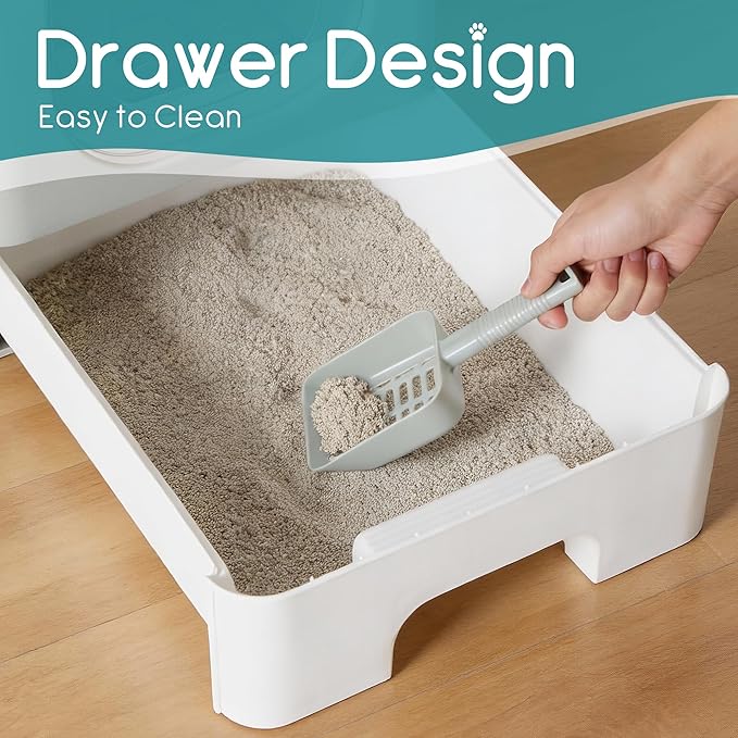 OLIXIS Cat Litter Box with Lid, Large Foldable Cat Box with Litter Scoop, Front Entry Top Exit Kitty Litter Box with Door, Easy Cleaning Drawer Design Odor Control, Grey