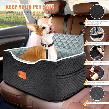 AlfaTok Memory Foam Booster Dog Car Seat for Medium Dogs (Under 45LBS): Elevated, Detachable Washable, Anti-Slip, for Car Back Seat, Travel Pet Bed with Seat Belt