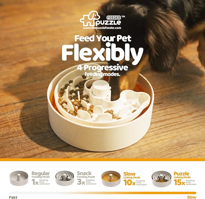 Puzzle Feeder Slow Feeder Dog Bowl with Lick Mat and Puzzle Inserts - Non-Slip Base, Adjustable Speed Design, Dishwasher Safe for Puppies, Orange