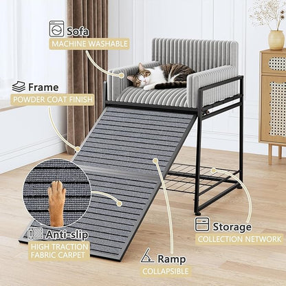 Pet Stairs Ramp with Seat,Dog Window Perch with Stairs and Storage,Dog Seat with Ramp Steps,Folding Pet Ramp for Dogs Cats,Bunk Bed Chair with Sofa Cushion for Bed Couch Office,Hold Up to 110 lbs