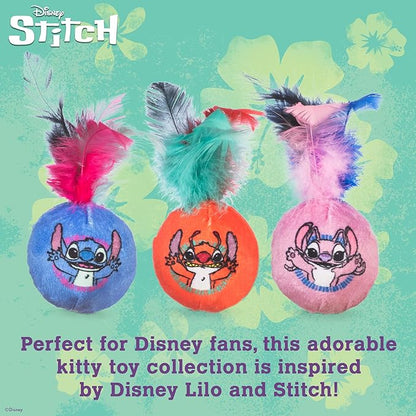 Disney for Pets Lilo and Stitch 3pk Feathered Jingle Balls Cat Toys with Catnip, Feather Teaser Ball Set for Cats, Cute Kitty Toy Fans