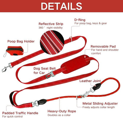 10FT Hands Free Dog Leash for Small Medium Large Dogs, Heavy Duty Reflective Dog Leash with Traffic Handle, Seat Belt Buckle & Poop Bag Holder (Red)