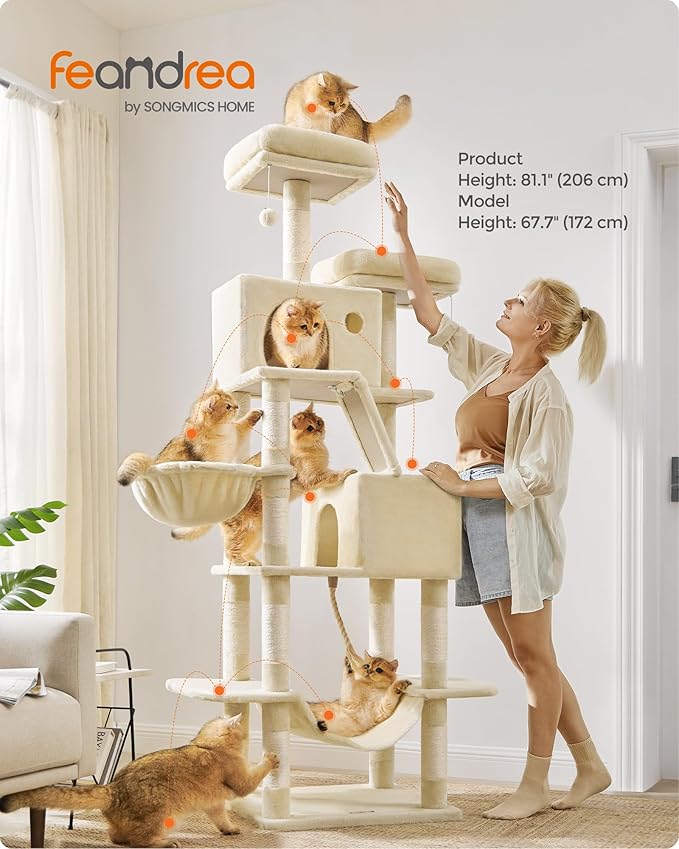 Feandrea Cat Tree, 81.1-Inch Large Cat Tower, Multi-Level Plush Condo with 13 Scratching Posts, 2 Perches, 2 Caves, Basket, Hammock, Pompoms, Beige UPCT190M01