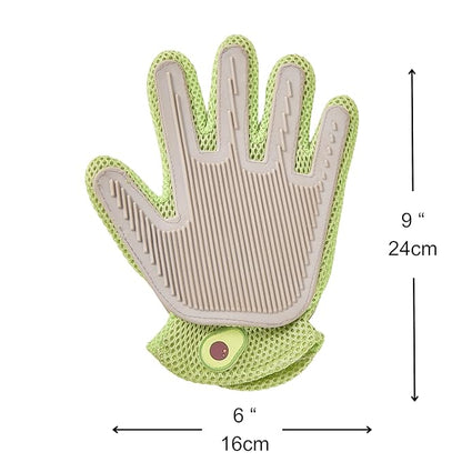 PetPals Single Pet Hair Removal Grooming Glove, Suitable for Long and Short-Haired Dogs and Cats. Double-Sided Function with Pet Hair Removal and Cleaning for Furnitures. Green